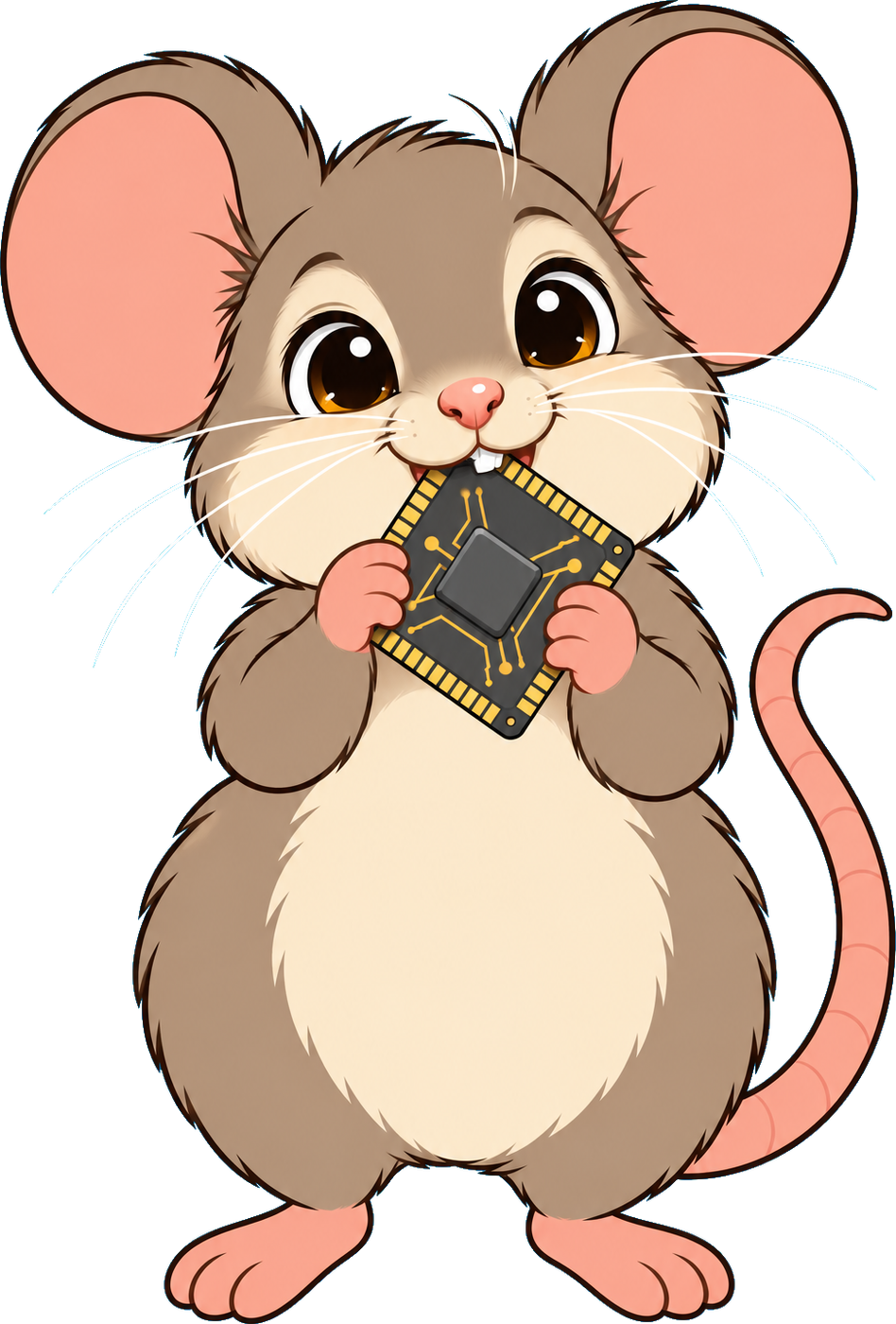 CompuMouse, a plump warm-gray mouse with pink ears and a cream belly, holds a processor chip like cheese on a black background.